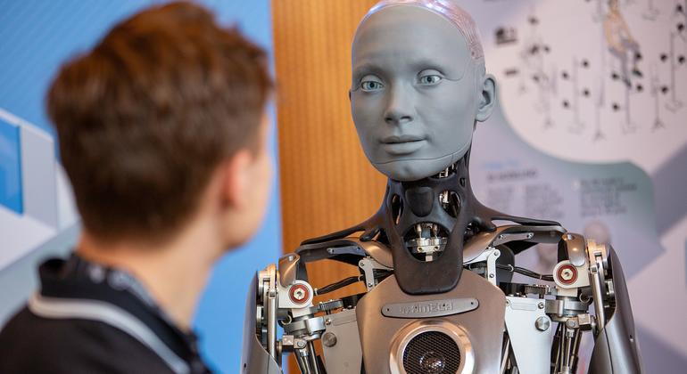 Ameca the robot attended the AI for Good Global Summit, in Geneva, Switzerland, in July 2023.