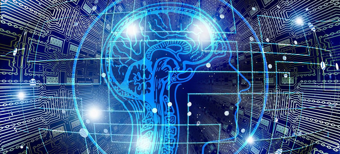 Visualisation de l'intelligence artificielle combinant un schÃ©ma du cerveau humain avec un circuit imprimÃ©.