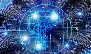 Visualization of Artificial Intelligence combining a human brain schematic with a circuit board.