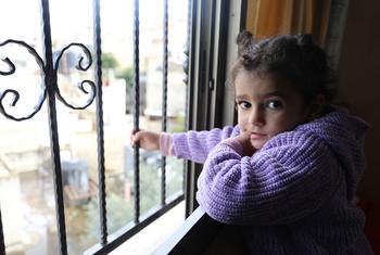 A young Palestinian girl in a purple sweater looks out a barred window from inside her home.