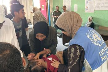 Una trabajadora de salud de la UNRWA examina a un niño con desnutrición en la ciudad de Gaza. Una trabajadora de salud de la UNRWA examina a un niño con desnutrición en la ciudad de Gaza.