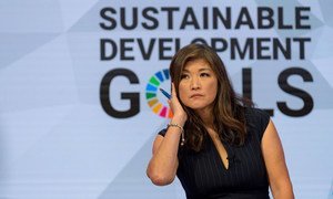 ABC News anchor, Juju Chang, moderates a discussion on youth and climate change at UN Headquarters. 