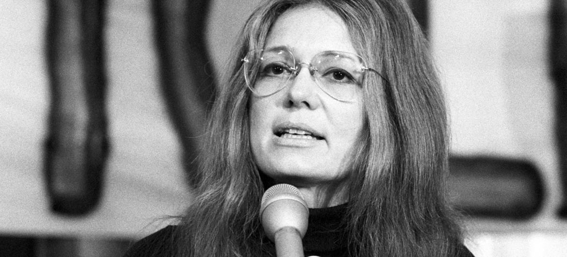 Gloria Steinem speaking at a rally at the United Nations Headquarters.