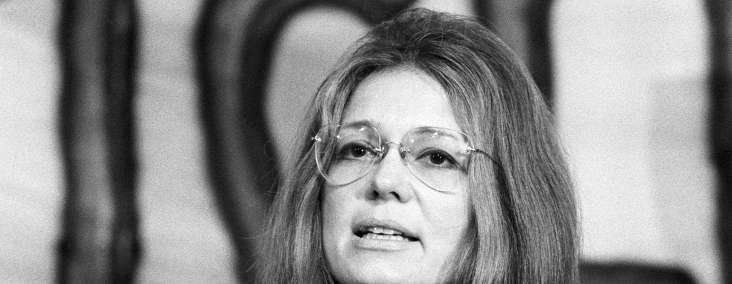 Gloria Steinem, co-founder of Ms. magazine, makes a statement at the UN Women’s rally at UN Headquarters in 1975.