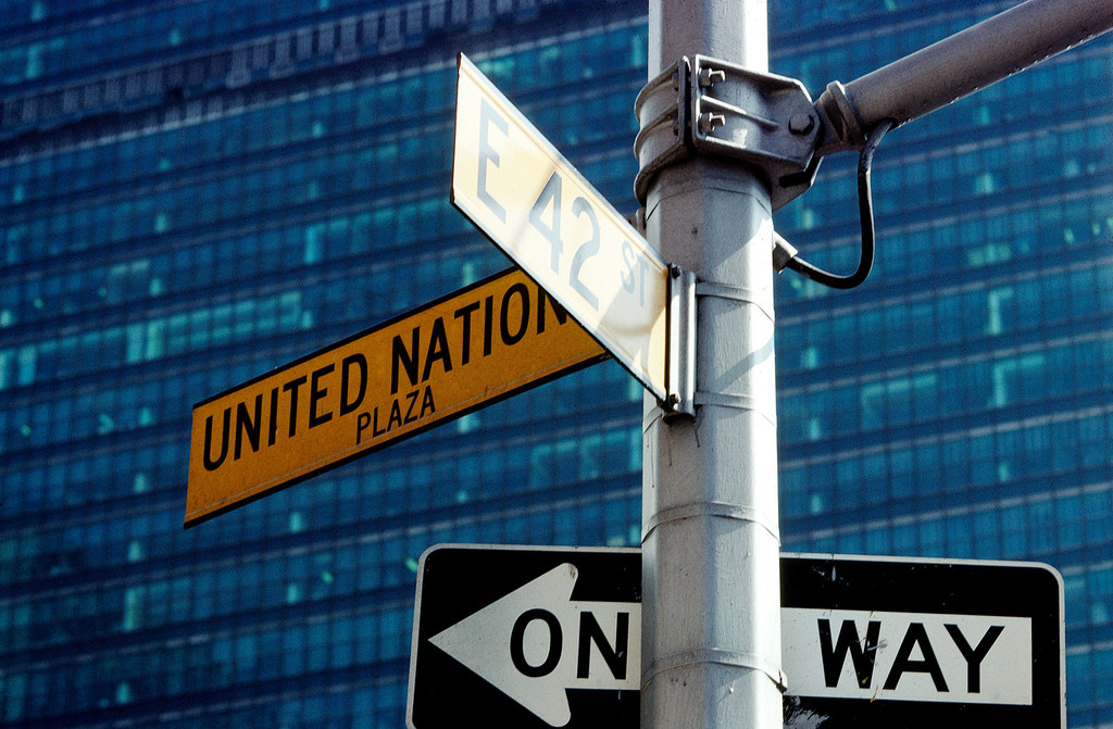 A street sign in front of the United Nations Secretariat in New York City, 1979.