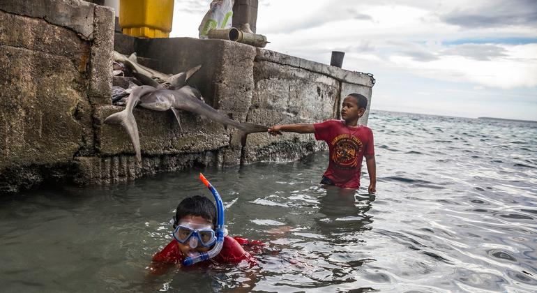 Des enfants jouent sur une jetée de l'île de Fale, dans l'archipel de Tokélaou, dans l'océan Pacifique.