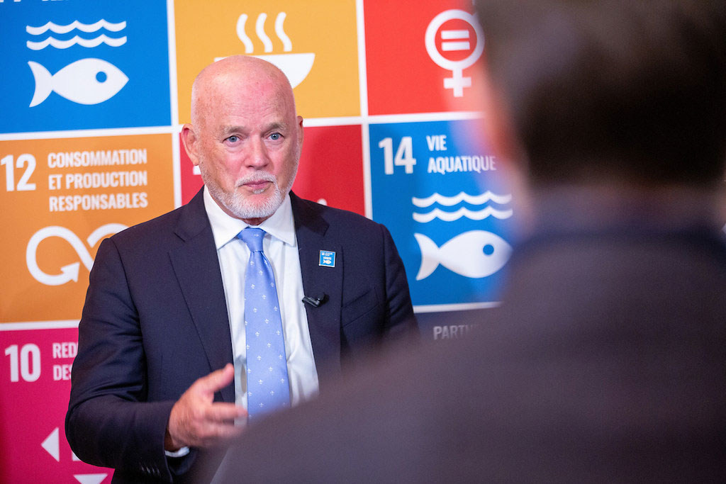 Peter Thomson speaks at the UN SDG Media Zone during the World Economic Forum in Davos, Switzerland.