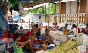 People shelter in a school compound in Mandalay, Myanmar following the March earthquake.