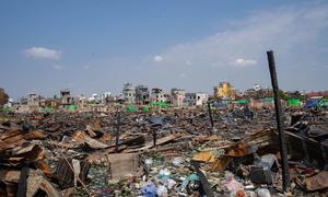 A neighbourhood in Mandalay lies in ruins after being engulfed by a fire sparked by the March 2025 earthquake.