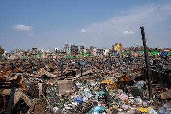 A neighbourhood in Mandalay lies in ruins after being engulfed by a fire sparked by the March 2025 earthquake.