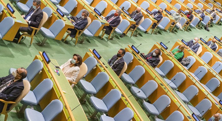 Delegates wearing masks at the General Debate of the 75th session of the UN General Assembly.