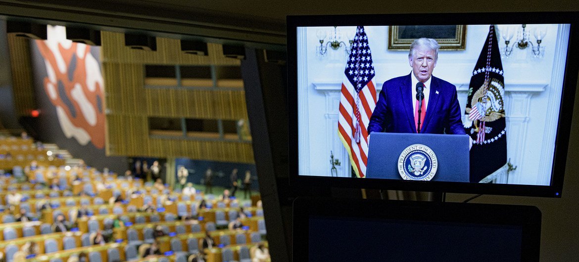यूएन महासभा के 75वें सत्र को सम्बोधित करते हुए अमेरिकी राष्ट्रपति डॉनल्ड ट्रम्प.