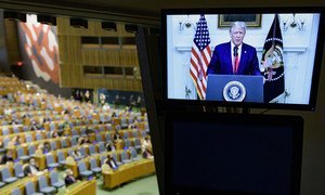 President of the United States of America, Donald Trump (on booth screen), addresses the General Debate of the General Assembly’s 75th session.