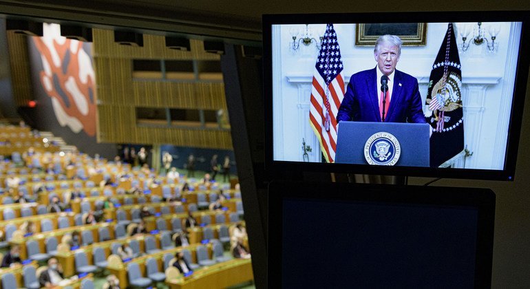 President of the United States of America, Donald Trump (on booth screen), addresses the General Debate of the General Assembly’s 75th session.