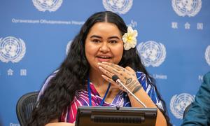 Brianna Fruean, Pacific Climate Warrior and Youth Climate Justice Activist, briefs the media during the Climate Ambition Summit.