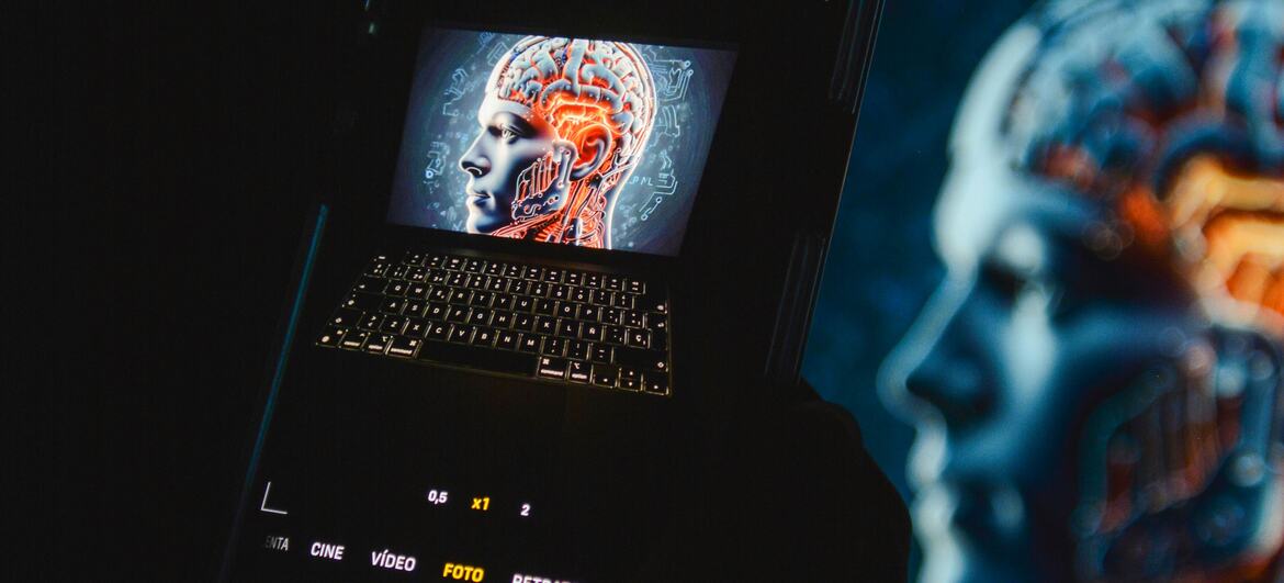 Un smartphone que muestra un cerebro digital en su pantalla, colocado encima de una computadora portátil, simbolizando la inteligencia artificial y la tecnología de próxima generación.