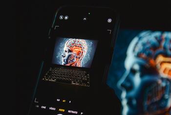 एक स्मार्टफोन जो अपने स्क्रीन पर एक डिजिटल मस्तिष्क प्रदर्शित करता है, एक लैपटॉप के ऊपर रखा गया है, कृत्रिम बुद्धिमत्ता और अगली पीढ़ी की तकनीक का प्रतीक है।