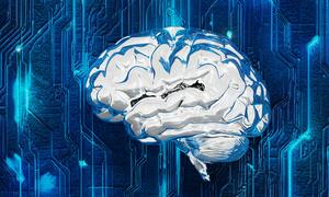 A metallic, liquid-like human brain set against a futuristic circuit board background, symbolizing the fusion of human cognition and artificial intelligence.