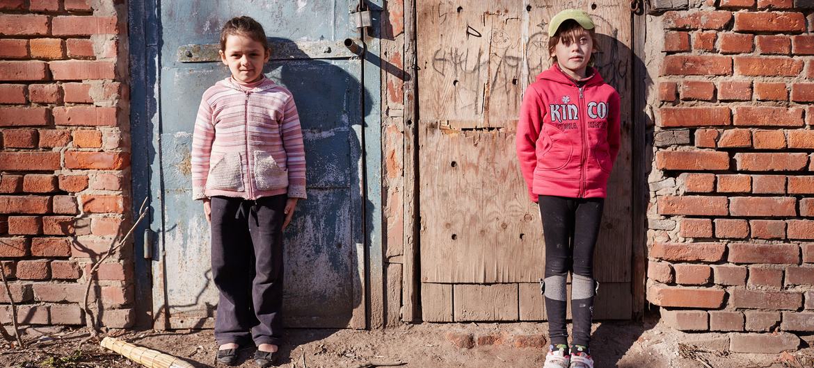Two girls stand in a schoolyard in Sloviansk, Ukraine. (file)