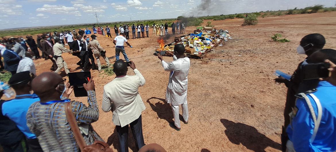 Des drogues illicites sont incinérées lors d'un rassemblement à Niamey, au Niger.