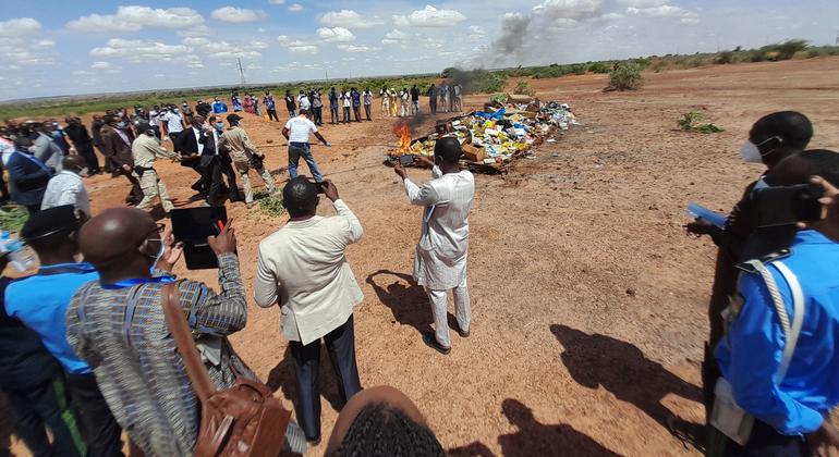 Des drogues illicites sont incinérées lors d'un rassemblement à Niamey, au Niger.
