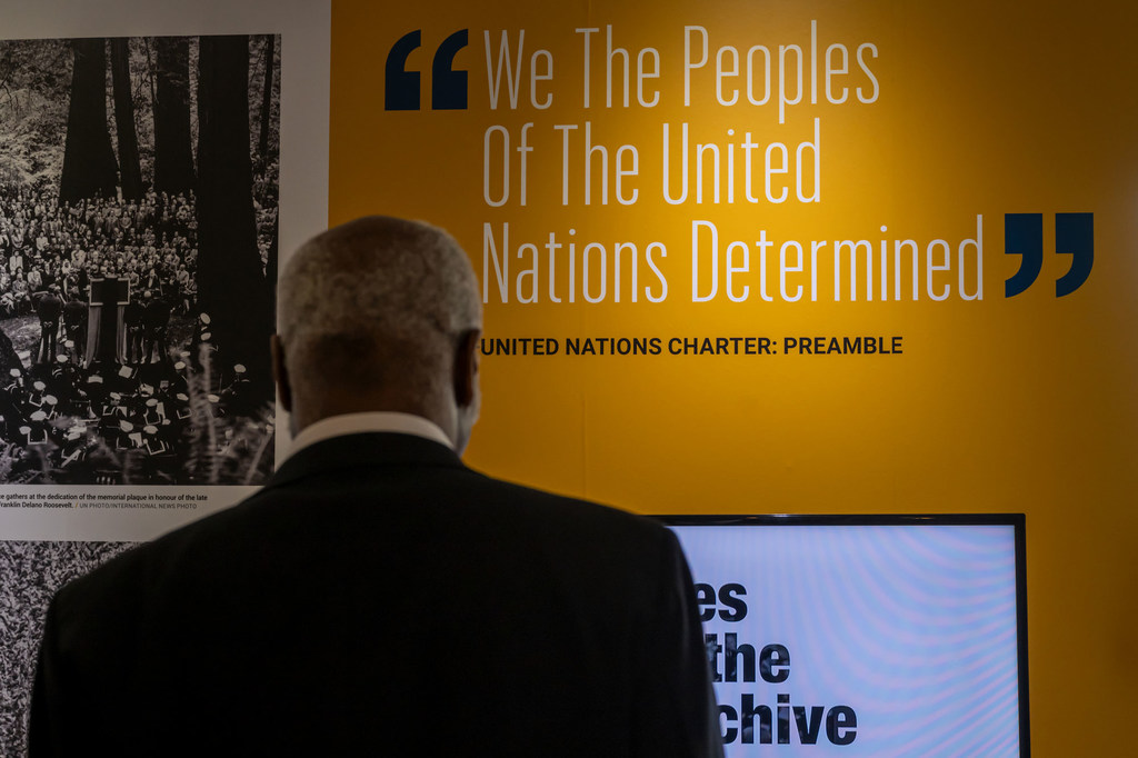 The preambular words of the UN Charter displayed at the United Nations Headquarters, in New York.
