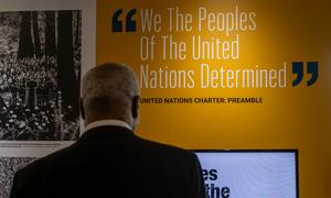 The preambular words of the UN Charter displayed at the United Nations Headquarters, in New York.