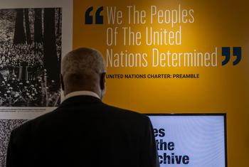 The preambular words of the UN Charter displayed at the United Nations Headquarters, in New York.