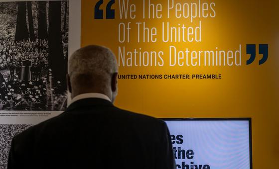 The preambular words of the UN Charter displayed at the United Nations Headquarters, in New York.