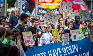Climate activists voice their opinion outside the International Court of Justice (ICJ) in The Hague.