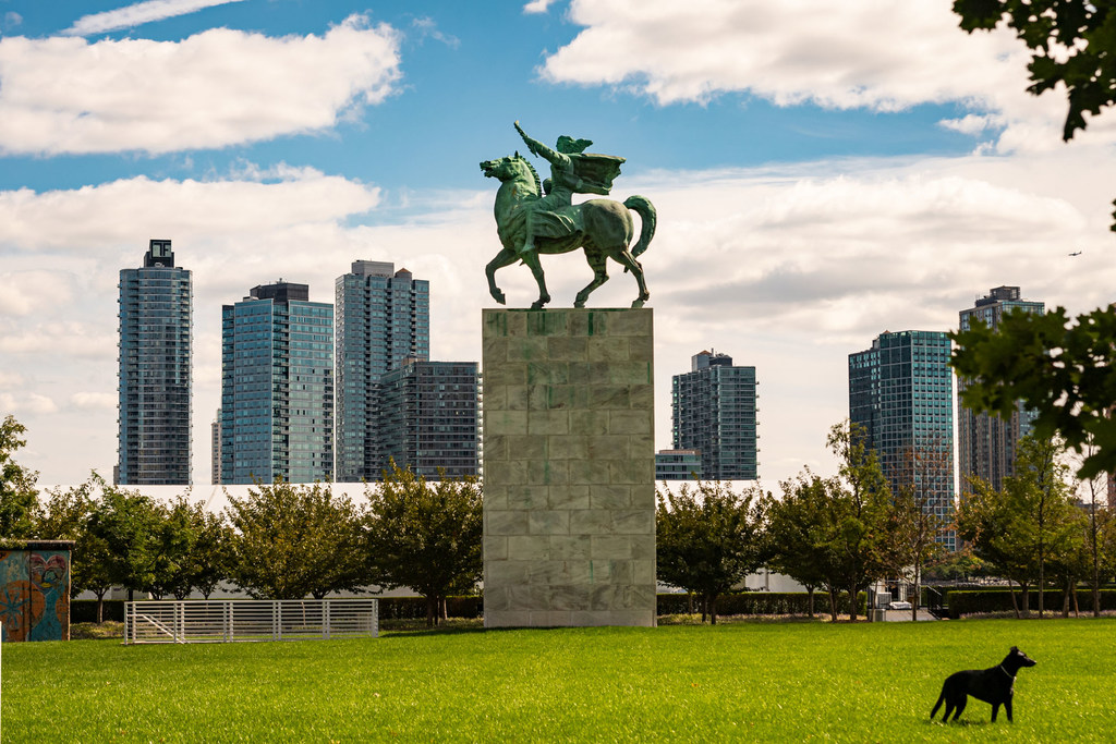 The Peace Monument sculpture in the garden of UN Headquarters by the Croatian sculptor Antun Augustincic, depicting a woman riding a horse with an olive branch in one hand and a globe in the other.