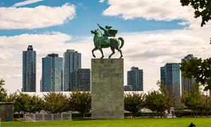 The Peace Monument sculpture in the garden of UN Headquarters by the Croatian sculptor Antun Augustincic, depicting a woman riding a horse with an olive branch in one hand and a globe in the other.