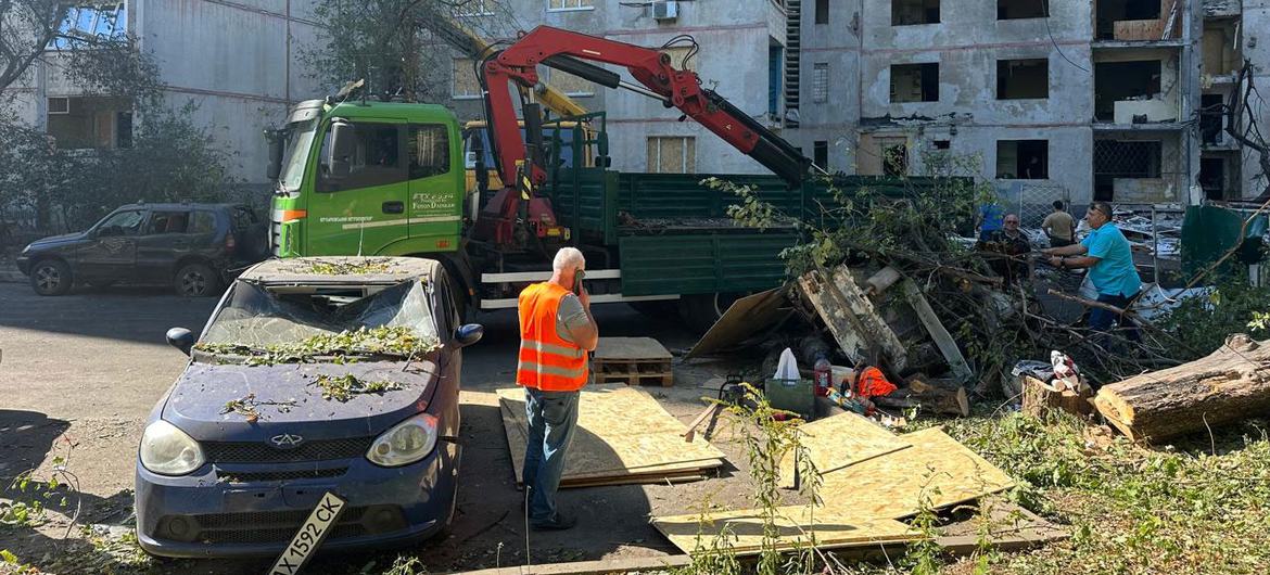 A clear-up operation is underway following an overnight strike in Kharkiv City, Ukraine.