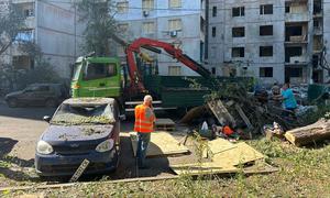 A clear-up operation is underway following an overnight strike in Kharkiv City, Ukraine.