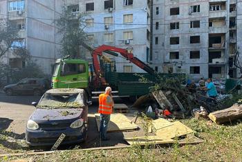 A clear-up operation is underway following an overnight strike in Kharkiv City, Ukraine.