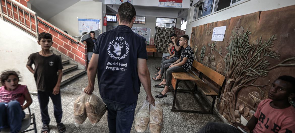 在加沙，一所由近东救济工程处运营的学校里正在分发面包。