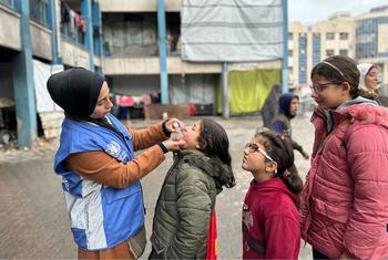 Une employée de l'ONU administre un vaccin contre la polio à des enfants à Gaza, en février 2025.