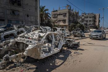 سيارات مدمرة ومحترقة في أحد شوارع غزة، وتظهر في الخلفية مبان متضررة بسبب الحرب تحت سماء زرقاء