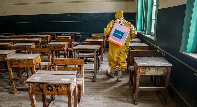 A classroom is disinfected in Minia Governorate, Egypt, as schools prepare to reopen after COVID-19 closures.