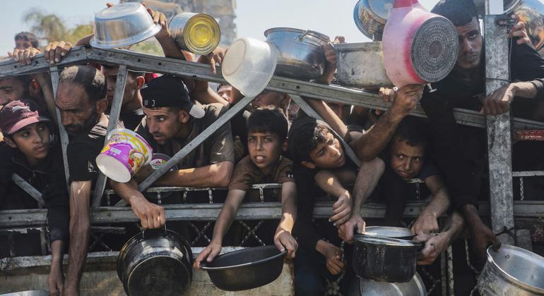 Niños intentando conseguir alimentos en los centros de distribución de ayuda en Gaza.