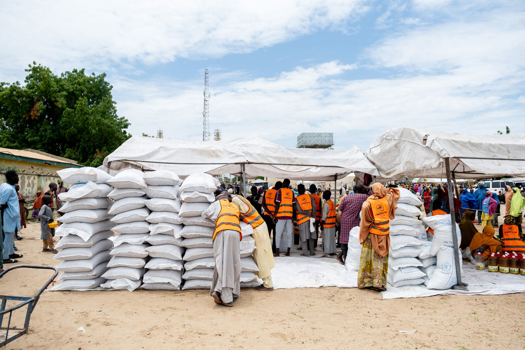 Bags of grains are distributed by WFP in Mafa, in Borno State, Nigeria.