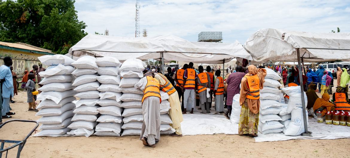 Bags of grains are distributed by WFP in Mafa, in Borno State, Nigeria.