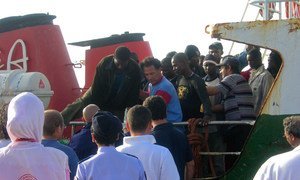 Migrants disembark from a vessel in Lampedusa, Italy, after being rescued by a fishing boat in the Mediterranean Sea. (file)