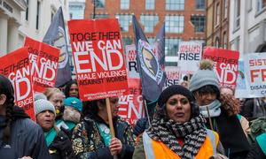 Women demonstrate against gender-based violence committed by men.