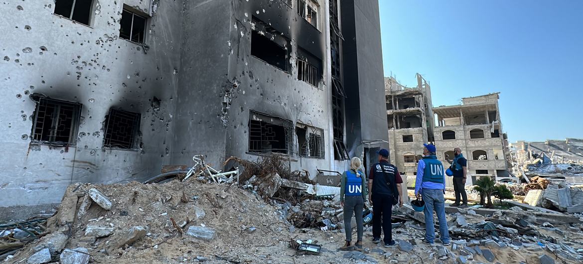 A UN team assesses damage to medical facilities in Gaza.