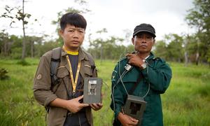 Phayvieng Vongkhamheng (izquierda), colocando cámaras trampa en 2016 para el proyecto SAFE apoyado por el PNUD.