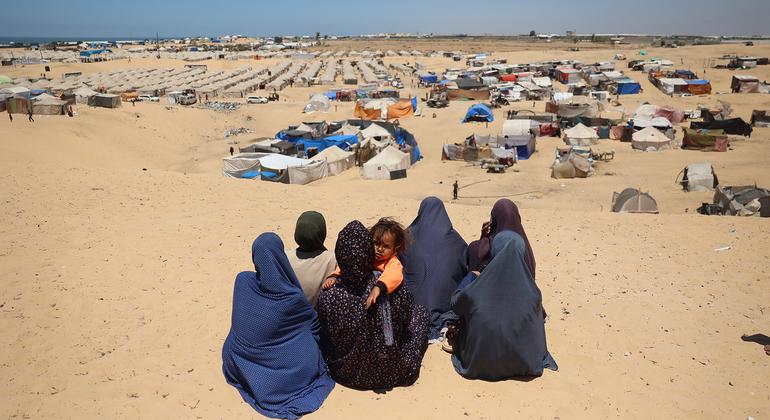 نساء فلسطينيات في مخيم مؤقت بالقرب من ممر فيلادلفيا في رفح، غزة. نساء فلسطينيات في مخيم مؤقت بالقرب من ممر فيلادلفيا في رفح، غزة.