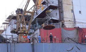 Marine inspectors monitor the stricken Safer oil tanker.