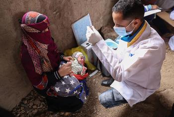 यमन में, अन्तरराष्ट्रीय प्रवासन संगठन - IOM की स्वास्थ्य टीम का एक सदस्य, प्राथमिक चिकित्सा उपलब्ध कराते हुए.