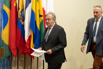 The UN Secretary-General António Guterres makes his way to the Security Council media point to address reporters. 